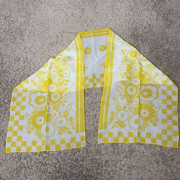 Rectangle Scarf Yellow Flower Power Retro Hand Rolled Ribbon Hair Neck 60s 70s - Picture 2 of 7